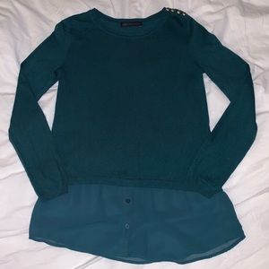 Marks and Spencer Dark Bottle Green Sweater Sheer Blouse Gold Button Detail